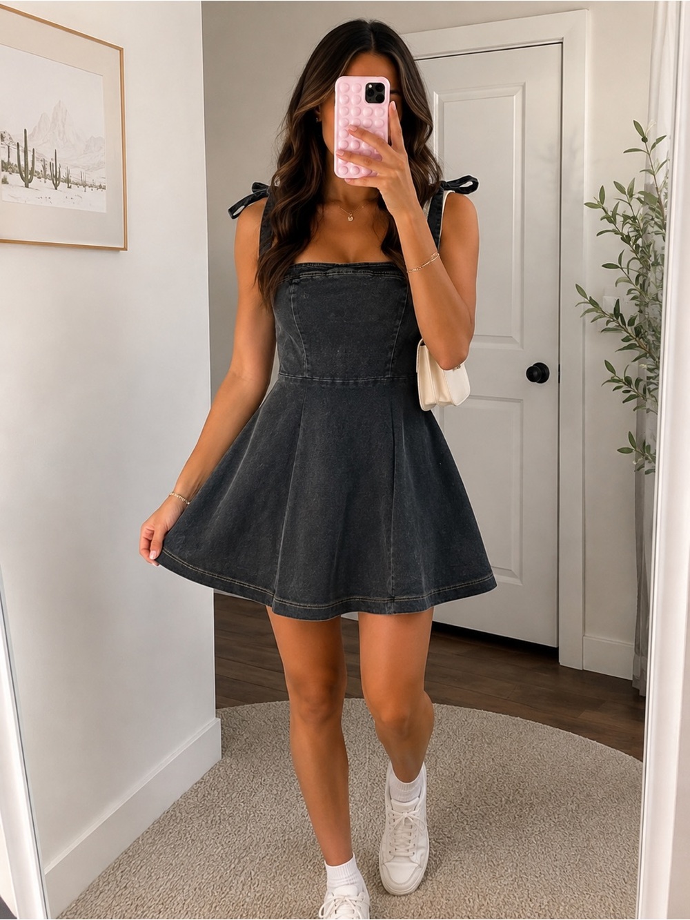 Boho/Cowgirl Cloud Ten Black Denim Strap Tie Mini Dress